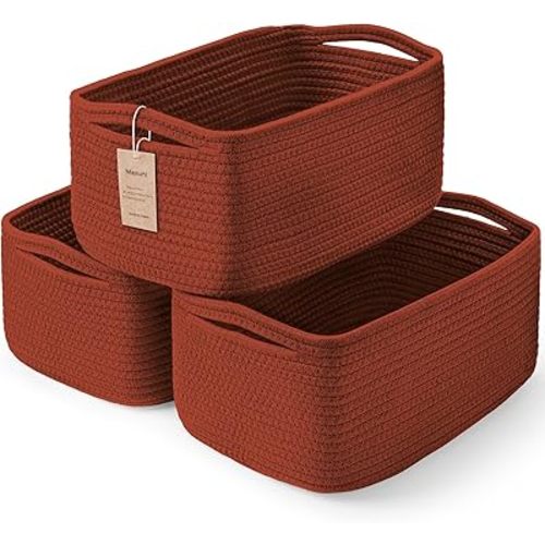 3-Pack Shelf Baskets for Organizing, Closet Organizer Bins, Small Woven Baskets, Rope Toy Basket, Storage Basket for Shelves, Cube Decorative Box, 11.8×7.8×5.1”, Oxide Red