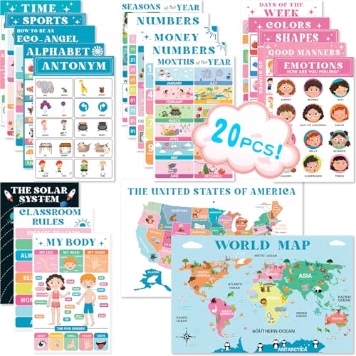 OpalPlat 20pcs Laminated Educational Posters For Toddlers, Preschool Posters for Classroom, Kindergarten Wall Decor, PreK Learning Materials Alphabet Number Chart