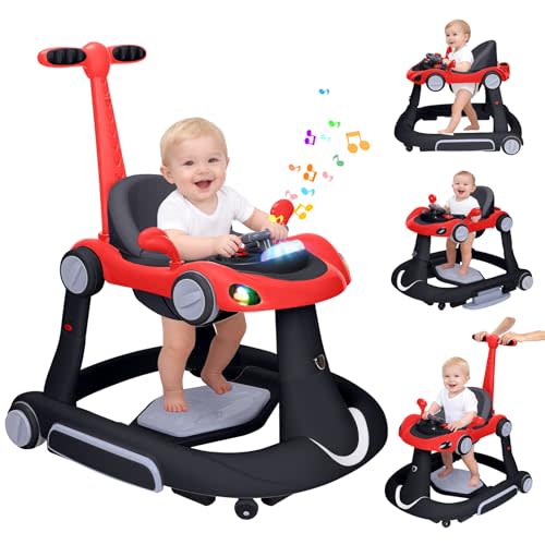 Baby Walker with Wheels, 5-in-1 Foldable Infant Toddler Walker for Boys Girls 6-18 Month, Music Walker for Baby with Car Steering Wheel &Removable Footrest,Baby Push Walker in Red and Black