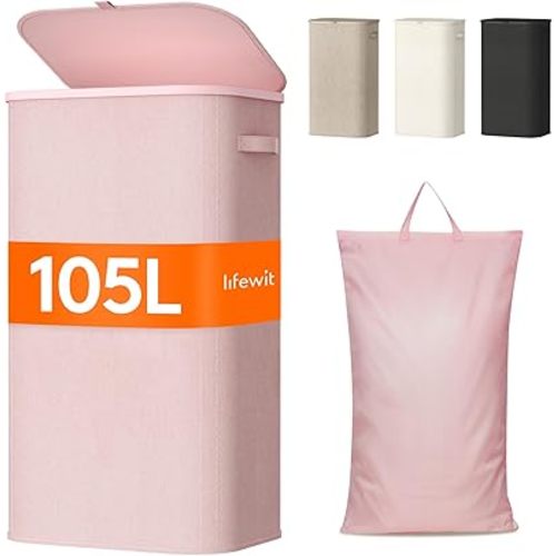 Lifewit 105L Laundry Basket with Lid, Large Laundry Hamper with Plastic Handles and Removable Bag, Foldable Tall Dirty Clothes Hampers for Laundry for Laundry Room, Bedroom, Bathroom, Dorm, Pink