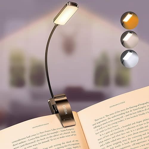 Gritin 9 LED Rechargeable Book Light for Reading in Bed - Eye Caring 3 Color Temperatures,Stepless Dimming Brightness,80 Hrs Runtime Small Lightweight Clip On Book Reading Light for Studying