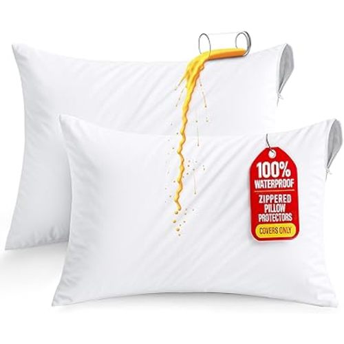 Utopia Bedding Set of 2 Waterproof Pillow Protectors with Zipper Standard Size (White), Ultra Soft Pillow Covers, Bed Bug and Dust Mite Proof Pillow Encasements, Moisture Wicking Pillow Cases