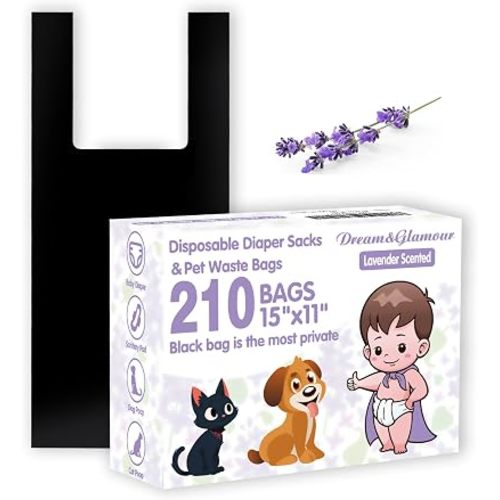 DREAM&GLAMOUR Disposable Diaper Sacks,value pack,210 Count,Lavender Scented,Easy-To-Tie Tabs,Diaper Disposal or Pet Waste Bags