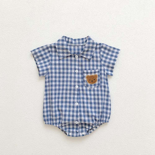 Boys Plaid Bear Patch Bodysuit Romper – August + Willow