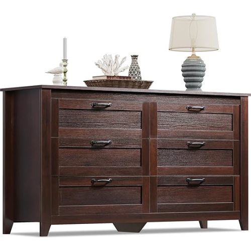 WLIVE Wood Dresser for Bedroom, Double 6 Drawer Dresser with Metal Handle, Large Wooden Chest of Drawers for Living Room, Hallway, Closet, Rustic Brown