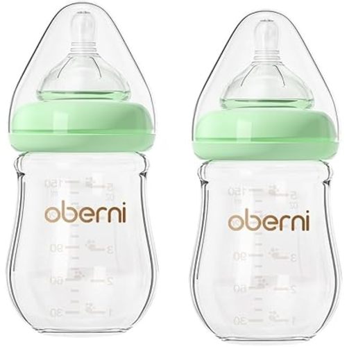 Glass Baby Bottles,Anti Colic Breastfeeding Bottle with Natural Response Nipple Size S,Wide Neck Slow Flow Baby Bottle for Baby,Newborn,Preemie 0-3 0-6 Month,BPA Free (Green, 2 Pack, 5 Ounce)