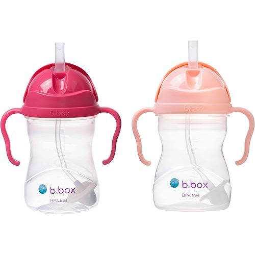 b.box Sippy Cup with Weighted Straw (2-Pack). Leak Proof, Easy Grip. BPA Free & Dishwasher Safe. Ideal for Babies 6m+ to Toddlers (raspberry + tutti fruitti, 8oz)