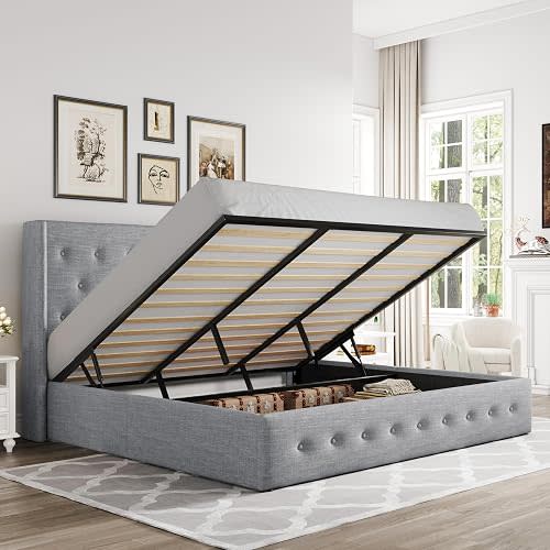 Allewie King Size Lift Up Storage Button-Tufted Bed Frame Light Grey