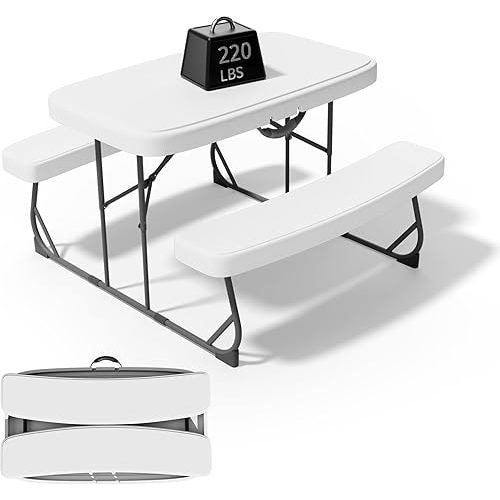 Picnic Table with Benches, Durable All-Weather Steel Frame, Stable & Easy to Clean, Portable Camping Table and Chairs for Outdoor & Indoor Use