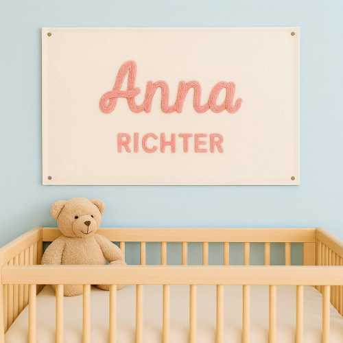 Custom Embroidered Baby Name Flag:Canvas Pennant Banner, Boho Nursery Wall Decor
