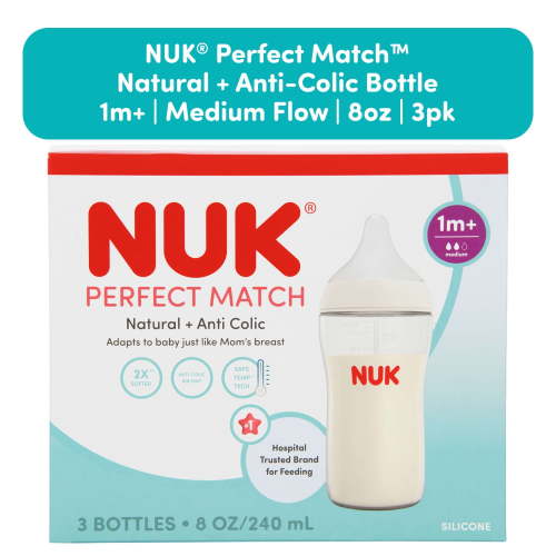 NUK Perfect Match Anti-Colic Baby Bottle, Medium Flow Silicone Nipple, 8 oz, 3-Pack