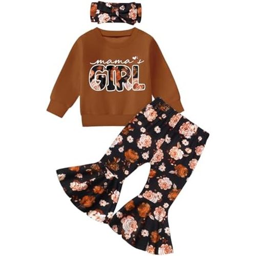 Toddler Girl Clothes Fall Winter Outfits Pattern Print Sweatshirt Flared Pants Toddler Clothes for Girls with Headband