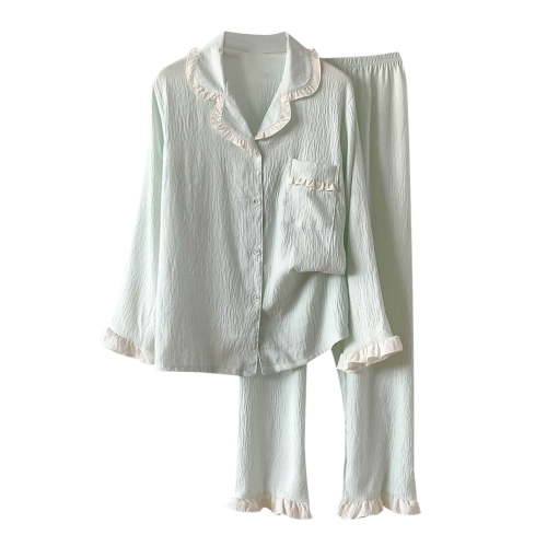 Gapacks Womens 100% Cotton Pajama Set - Green Ruffle Trim Long Sleeve Button-Down Top & Pants, Size M-XXL, Soft Breathable Sleep/Loungewear for Home,Size 2XL