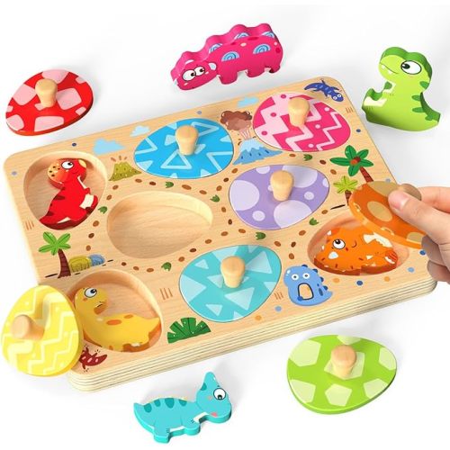 Zeoddler Wooden Puzzles for Toddlers, 8 Pcs Dinosaur Matching Egg Puzzle, Montessori Toys for Boy Girl Easter Birthday Gifts, Preschool Learning Activities & Educational Toys for Boys, Girls