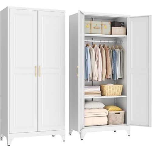 SteeLoong Metal Wardrobe Cabinet with Hanging Rod, 71" Tall Armoire Wardrobe Closet with 2 Doors and Adjustable Shelves, White Clothing Storage Cabinets for Bedroom, Laundry Room, Cloak Room