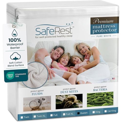 SafeRest Waterproof Queen Size Mattress Protector - Fitted with Stretchable Pockets - Machine Washable Cotton Blend Mattress Cover for Bed