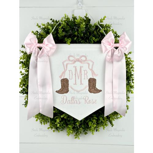 Cowgirl Boots Nursery Pink Bow Personalized Baby Name Door Hanger Custom Cowgirl Baby Banner Girl Baby Shower Gift Baby Name Sign Hospital