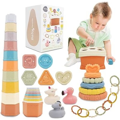 Shape Sorter Baby Toys 5 in 1 Montessori Toy, Shapes for Sorting Play for Infants Ages 6-48 Months, Stack & Count Cups, Rings Toy Links, Sensory Learning Toy Set Babies Birthday Gift