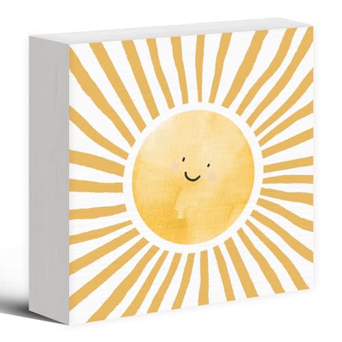 Inspirational Sun Sunshine Wood Box Sign Desk Decor 5X5, Pop Smiles Rustic Farmhouse Wooden Block Sign Decorations for Home Office Girls Dorm Room Nursery Playroom Wall Tabletop Shelf Decor