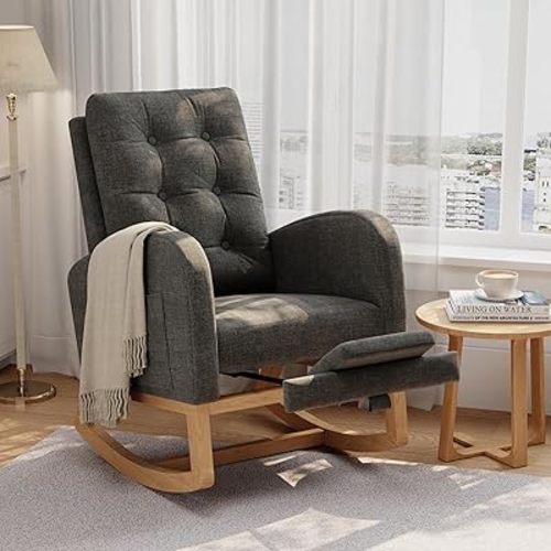 GarveeHome Nursery Rocking Chair with Adjustable Footrest, Linen Fabric Upholstery, Sturdy Wooden Legs & High Backrest, Comfortable Glider Rocking Chair for Living Room or Bedroom, Dark Grey
