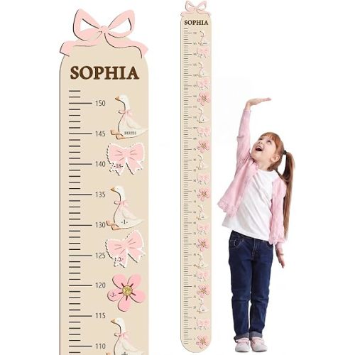 DoubleFill Kids Growth Height Chart for Wall 63" x 5.5" Wood Height Ruler Wall Measurement for Kids Toddler Baby Boy Girls Measuring Growth Ruler for Nursery Room Decor (Bow)