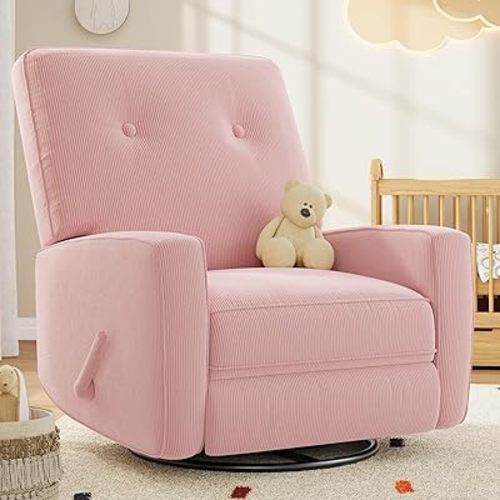 Garvee Nursery Recliner Chair, 360° Swivel Rocking Glider Chair for Adults with Adjustable Backrest & Footrest, Upholstered Armchair for Living Rooms, Bedrooms, Apartments, Pink