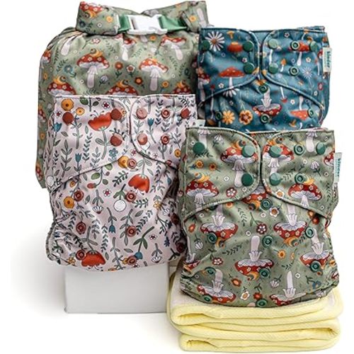 Kinder Cloth Diapers Reusable Baby Diapers Pocket Style Athletic Wicking Jersey, Bamboo Viscose Inserts, Wet Bag, Newborn to Potty Training 7-60lbs, One Size (Boho Mushrooms, 3 Pack, with Inserts)