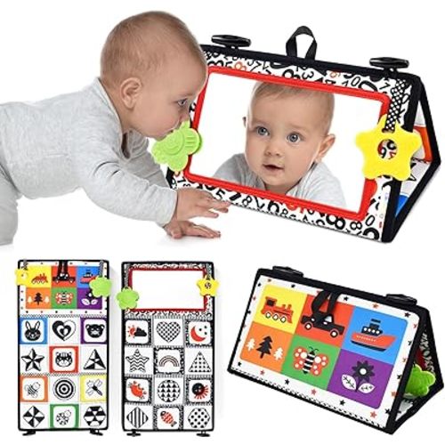 Dr.Rapeti Tummy Time Floor Mirror for Baby Infant Toddler Kids Black and White High Contrast Baby Toy with Teethers Floor Activity Toy Washable Non-Toxic