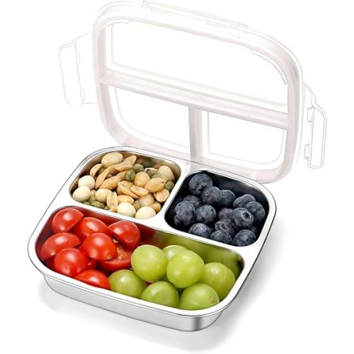 Stainless Steel Snack Containers for Kids, 3 Compartments Reusable on the go Bento Box with Lids, Toddler Lunch Box Containers Pre Meal Storage for Daycare School Outdoor Camping Travel - White