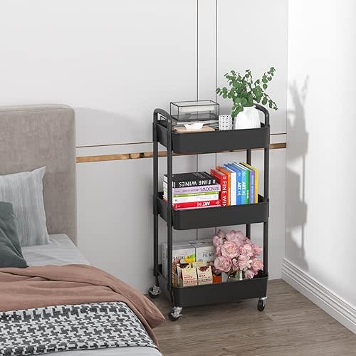 Sywhitta 3-Tier Plastic Rolling Utility Cart with Handle, Multi-Functional Storage Trolley for Office, Living Room, Kitchen, Movable Storage Organizer with Wheels, Black