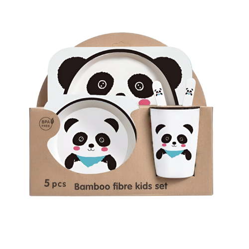 ACDANC 5Pcs/Set Bamboo Kids Dinnerware Set - Children Dishes - BPA Free Food Plate Bowl Cup Spoon Fork Set Dishware,Cartoon Tableware - Panda