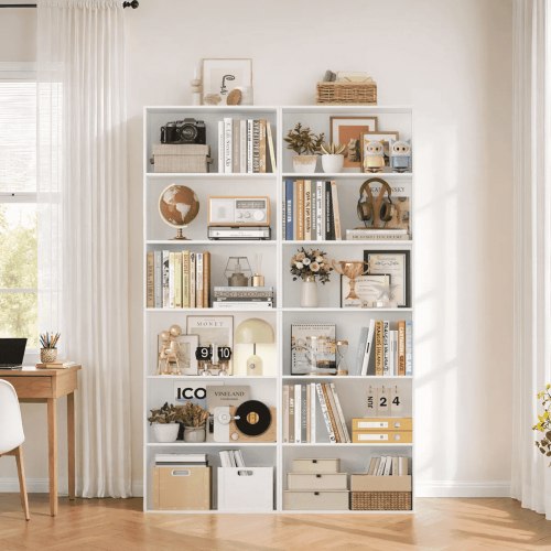 Homfa 6 Tier Tall Bookshelf and Bookcase, 2PC Wooden Bookcase Display Shelf for Living Room Home Office Library Storage, White