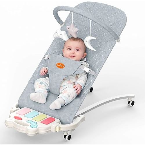 Portable Baby Bouncer Seat 0-18 Months,Detachable Piano & Hanging Toys,3-Level Recline (Rock/Fix),Foldable with Quiet Wheels,Baby Shower