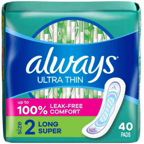 Always Ultra Thin Pads Without Wings, Size 2, Long Super Absorbency, 40 Count HSA/FSA Eligible