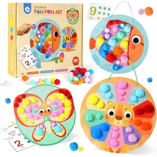 Jar Melo Pom Poms Toddler Crafts for Preschool Learning Activities, Sensory Art Supplies for Fine Motor Skills & Color & Numbers & Size Education Kids Gifts for Boys and Easter Girls Ages 2,3,4,5,6