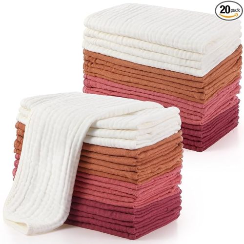 Buryeah Muslin 20 Pcs Burp Cloths Large 20" x 10" 100% Cotton 6 Layers Ultra Absorbent and Soft Hand Washcloths for Baby Drool and Messes Gentle Burp Cloth for Boys & Girls(Multi Colors)