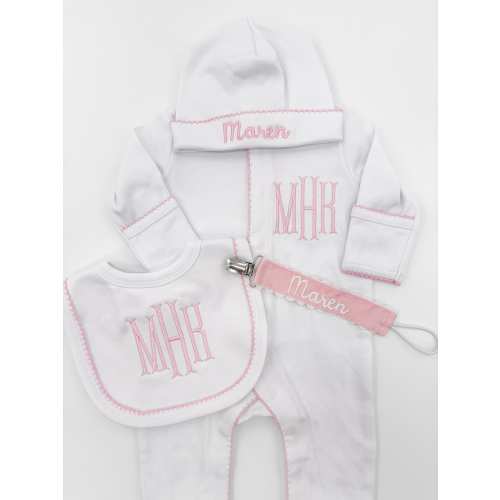 Any piece is welcome, including the set. Newborn Baby Girl Coming Home Outfit, Custom Embroidered Fishtail Monogram Sleeper, Hat, Bib, Burp Cloth & Blanket Pink Picot Trim Monogram: MSR