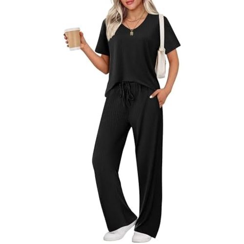 Ekouaer Womens Ribbed Knit Lounge Set Short Sleeve Top and Long Pants Sleepwear Pajama Set Two Piece Matching Outfits Set
