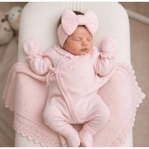 Pink Baby Girl Coming Home Outfit, 6 Piece Newborn Set with Bonnet, Soft Knit Baby Set, Bow Headband, Hospital Outfit, Baby Gift