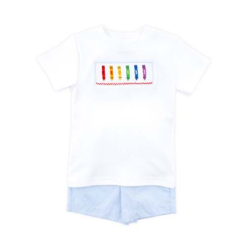 Colorful Crayon Smocked Blue Gingham Short Set