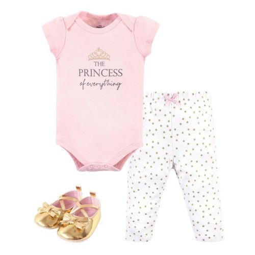Little Treasure Baby Girl Cotton Bodysuit, Pant and Shoe 3pc Set, Princess Of Everything, 9-12 Months