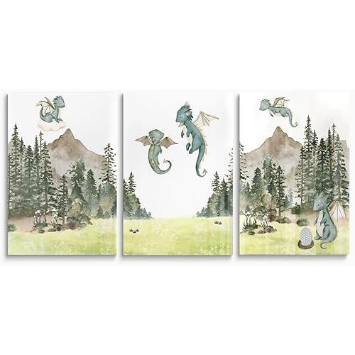 Green Baby Dragon Nursery Wall Decor, Dragon Egg Nursery Print for Baby Boy's Bedroom, Woodland Forest Mountain Wall Art, Nature Animal Art for Kids Room Decor, Framed Set of 3 Canvas, 12"x16"x3