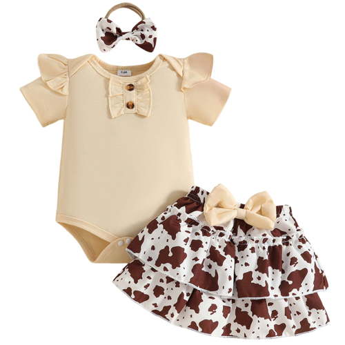 Wxirdiow Infant Girl Romper Newborn Baby Girl 3 Piece Outfit Set Ribbed Romper Ruffle Strap Floral Skirt with Bow Headband Coffee Size,3-6 Months