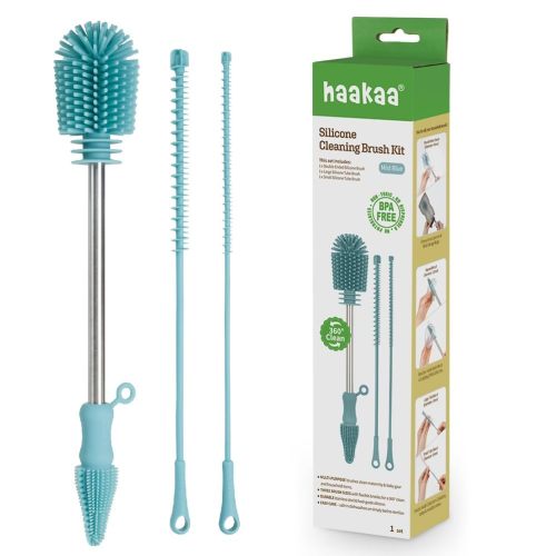 Haakaa Silicone Cleaning Brush Kit – Household Cleaning Brushes for Bottles and Crevices – Food-Grade Silicone: Dishwasher Safe (Kit-Mist Blue)