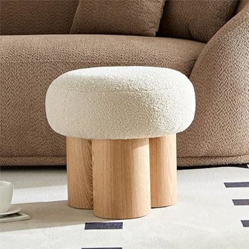 Round Mushroom Ottoman Teddy Stool Small Upholstered Ottoman Shoe Changing Foot Stool Step Stool Sofa Footrest Stool for Living Room Bedroom Entrance (Beige)