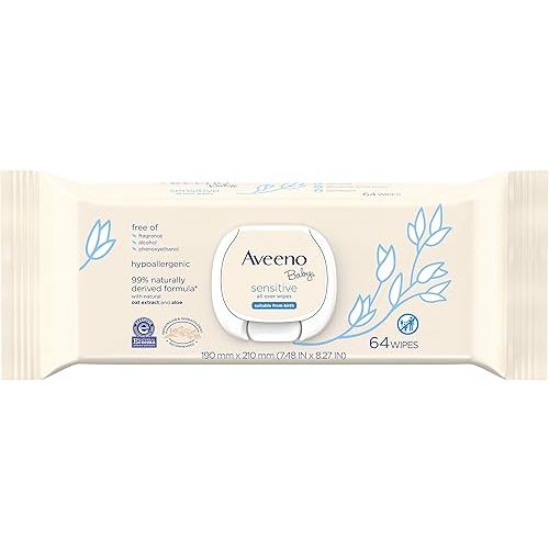 AVEENO Baby Sensitive All Over Wipes, Paraben- & Fragrance-Free, 64 ea (Pack of 2)