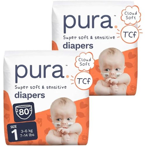 Pura Baby Diapers Size 1 (7-14 lbs) 80 Count Sensitive Skin