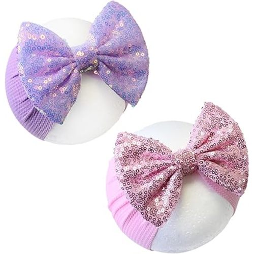 Hairband, 7" Sequin Bow Baby Headbands - Purple & Pink, Elastic Wide Hairbands for Baby Girls Newborn and Infant Hair Accessories Gift, One Size Fits All, Soft, 1 Set of 2 Pieces