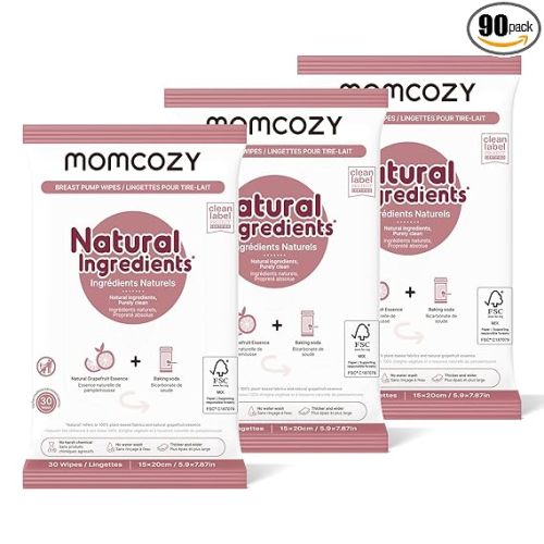 Momcozy Natural Breast Pump Wipes for Pump Parts Cleaning On-the-go, 30 Count (Pack of 3), Flash Clean & Resealable Pump Wipes