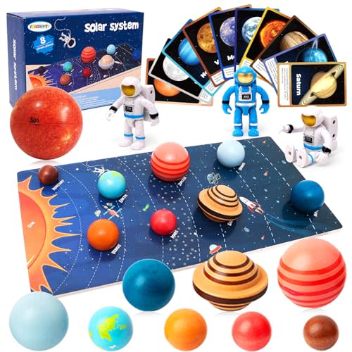 Wooden Solar System Model Board with Sun Stress Ball Astronauts Planet Flash Card Educational Montessori Toys Space Sensory Toys STEM Kits Christmas Birthday Gift for Kids Ages 3-8